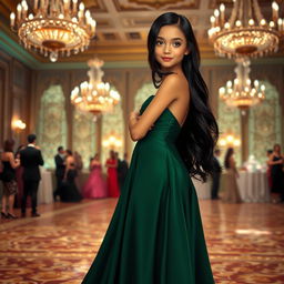 An elegant girl with long, flowing black hair, wearing a stunning, floor-length evening gown in rich emerald green