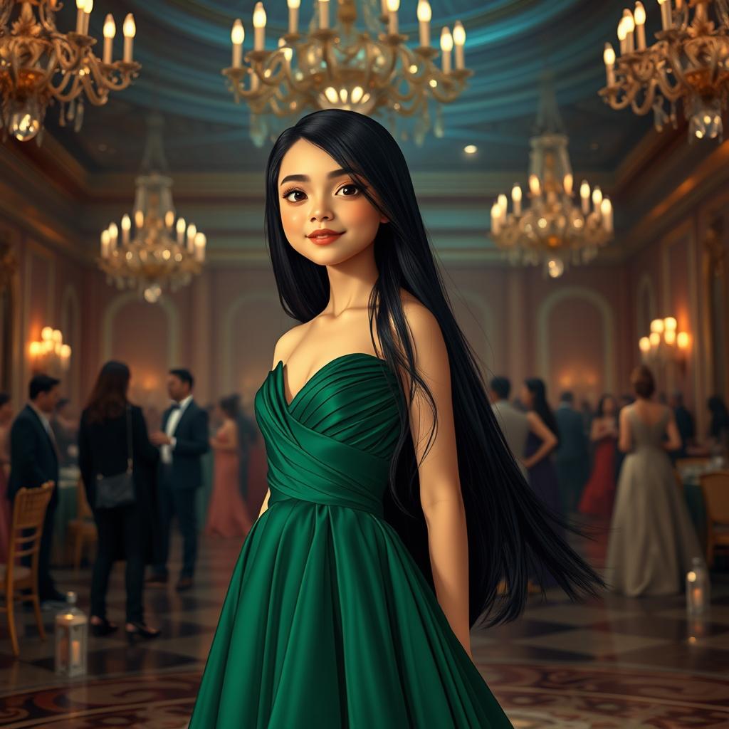 An elegant girl with long, flowing black hair, wearing a stunning, floor-length evening gown in rich emerald green