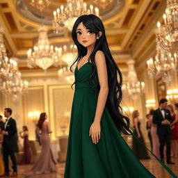 An elegant girl with long, flowing black hair, wearing a stunning, floor-length evening gown in rich emerald green