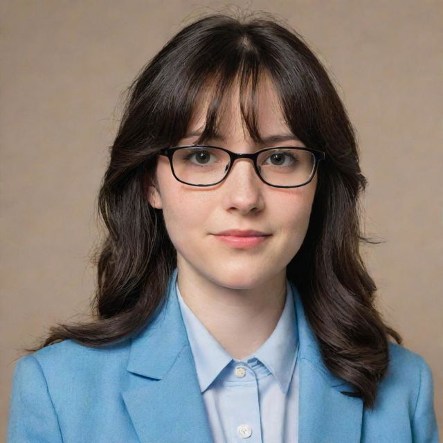 A young woman, shy and endearingly awkward. She has long, wavy, black, mid-length hair with front bangs, pale skin, and light brown eyes. Her slender figure is of average height. She sports thin-framed glasses and wears a light blue university blazer uniform.