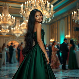 An elegant girl with long, flowing black hair, wearing a stunning, floor-length evening gown in rich emerald green