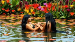 Two beautiful Indian ladies in their mid-30s with long black hair and captivating figures, sitting nude in the shallow waters of a vibrant wildlife pond