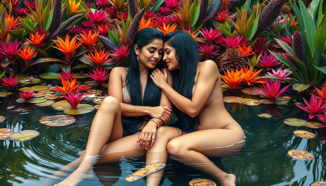 Two beautiful Indian ladies in their mid-30s with long black hair and captivating figures, sitting nude in the shallow waters of a vibrant wildlife pond