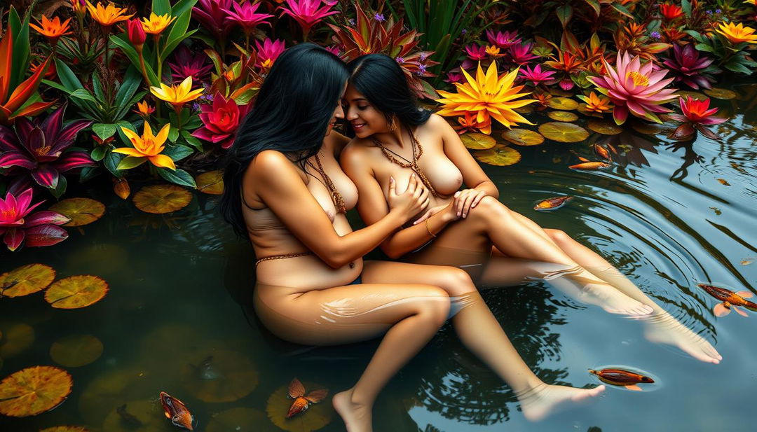 Two beautiful Indian ladies in their mid-30s with long black hair and captivating figures, sitting nude in the shallow waters of a vibrant wildlife pond