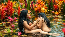 Two beautiful Indian ladies in their mid-30s with long black hair and captivating figures, sitting nude in the shallow waters of a vibrant wildlife pond