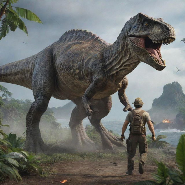 A skilled hunter arrives on the chaotic island, armed with specialized equipment, indicating his intent to conquer the free-roaming beasts of this Jurassic nightmare.