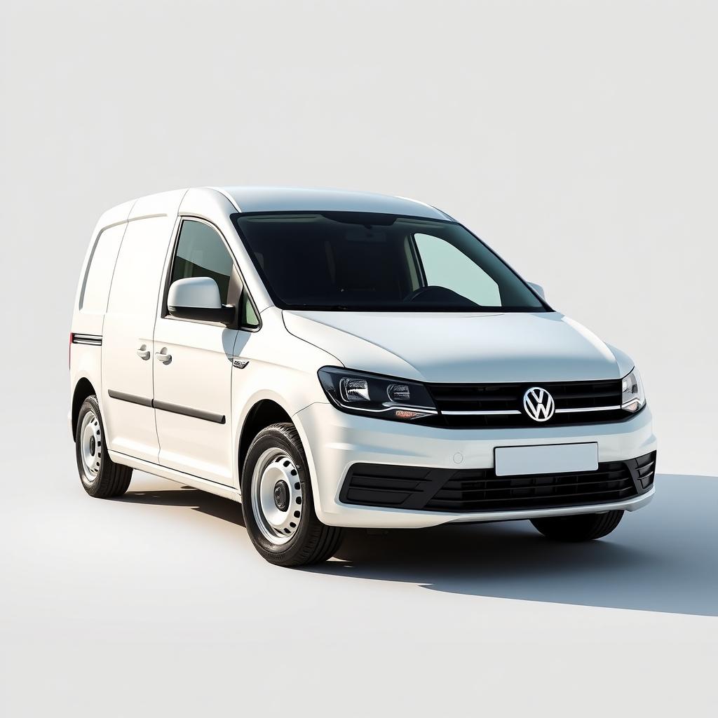 A Volkswagen Caddy Industrial, white, parked prominently on a light gray background