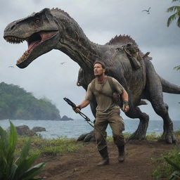 A skilled hunter arrives on the chaotic island, armed with specialized equipment, indicating his intent to conquer the free-roaming beasts of this Jurassic nightmare.