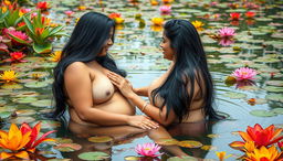 Two beautiful Indian ladies in their mid-30s with long black hair and voluptuous figures, sitting nude in the shallow waters of a vibrant wildlife pond