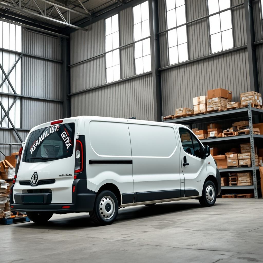 A white Renault Trafic industrial van parked inside a spacious gray industrial warehouse