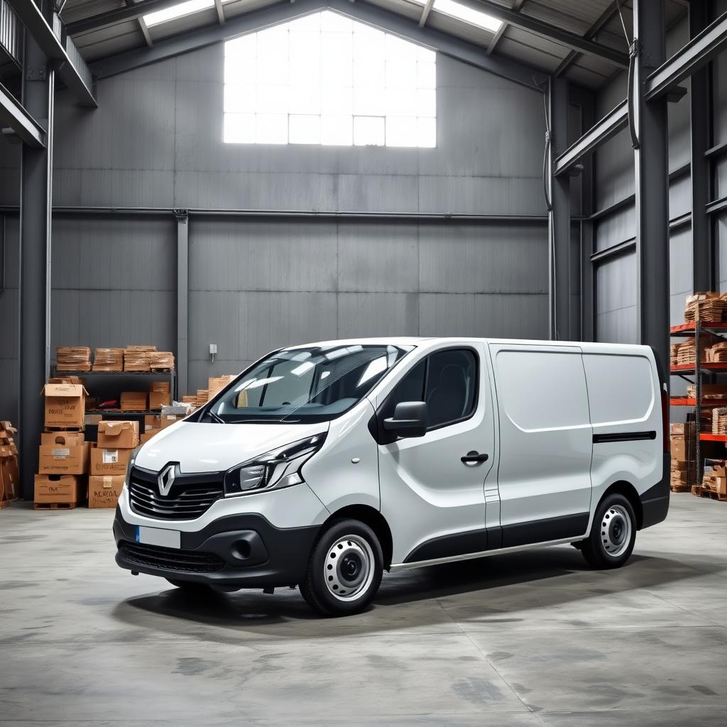 A white Renault Trafic industrial van parked inside a spacious gray industrial warehouse