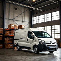 A white Renault Trafic industrial van parked inside a spacious gray industrial warehouse