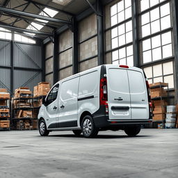 A white Renault Trafic industrial van parked inside a spacious gray industrial warehouse