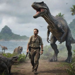 A skilled hunter arrives on the chaotic island, armed with specialized equipment, indicating his intent to conquer the free-roaming beasts of this Jurassic nightmare.