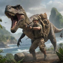 A skilled hunter arrives on the chaotic island, armed with specialized equipment, indicating his intent to conquer the free-roaming beasts of this Jurassic nightmare.