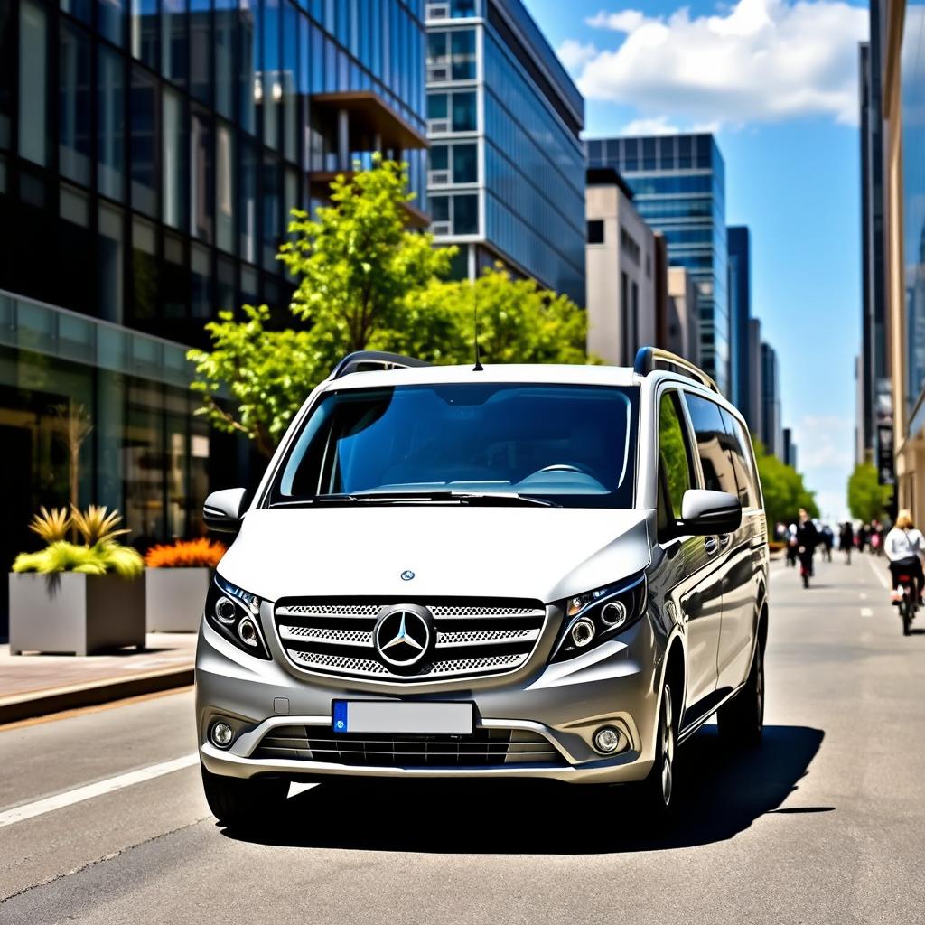 A Mercedes Vito Tourer showcased in a vibrant urban environment, surrounded by modern buildings that complement the van's sleek design