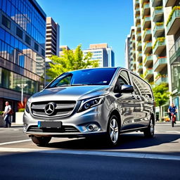 A Mercedes Vito Tourer showcased in a vibrant urban environment, surrounded by modern buildings that complement the van's sleek design