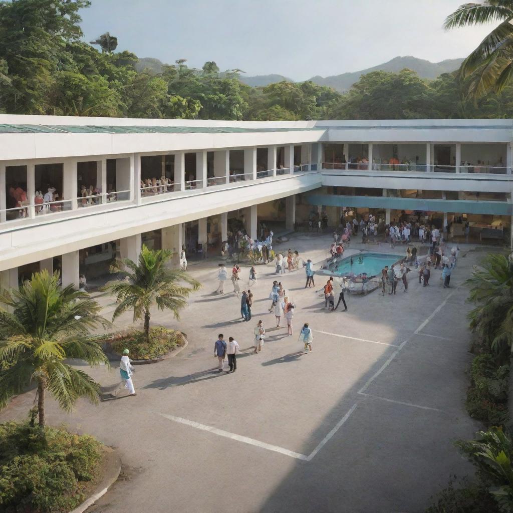 A realistic image of a bustling hospital in the Philippines, capturing the architectural style, the tropical surroundings, and the lively atmosphere with patients, doctors, and nurses.