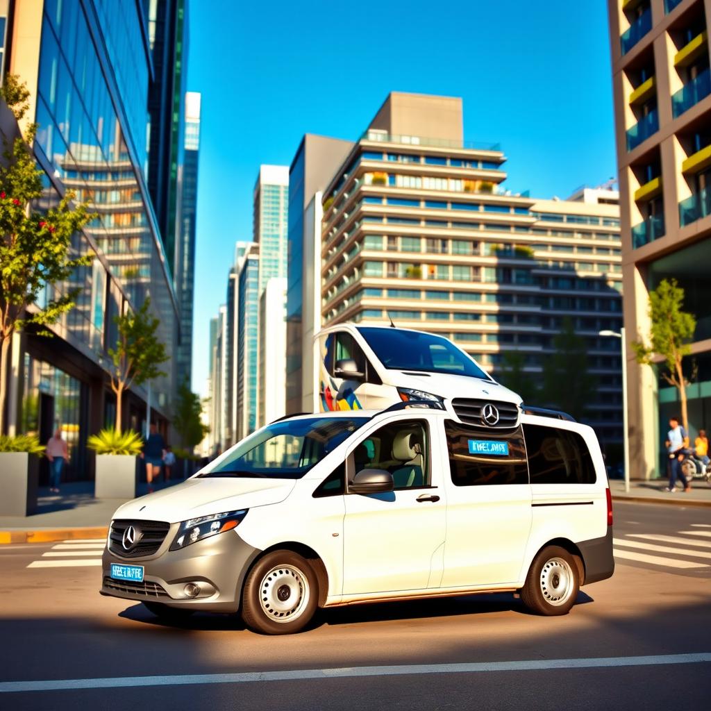 A Mercedes Vito Tourer showcased in a vibrant urban environment, surrounded by modern buildings that complement the van's sleek design