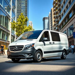 A Mercedes Vito Tourer showcased in a vibrant urban environment, surrounded by modern buildings that complement the van's sleek design