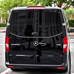 A black Mercedes Vito Tourer with tinted windows in the rear, parked on a city street