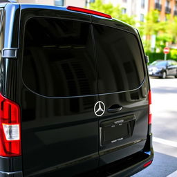 A black Mercedes Vito Tourer with tinted windows in the rear, parked on a city street