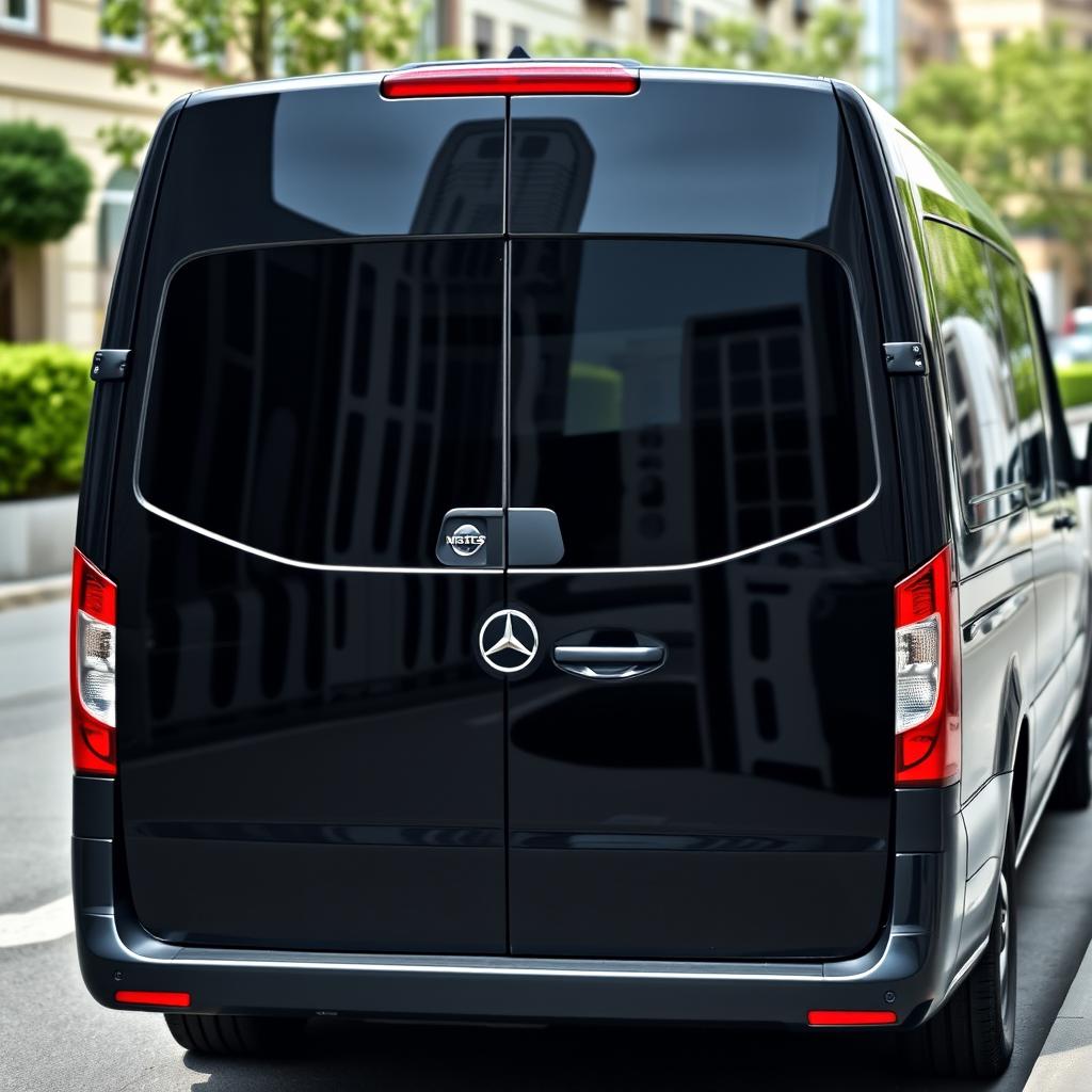 A black Mercedes Vito Tourer with tinted windows in the rear, parked on a city street