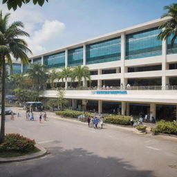 A realistic image of a bustling hospital in the Philippines, capturing the architectural style, the tropical surroundings, and the lively atmosphere with patients, doctors, and nurses.