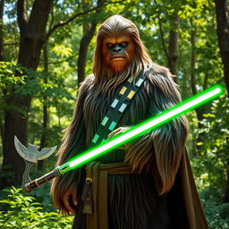 A male Wookiee Jedi standing confidently in a lush forest, wielding a unique green axe lightsaber with an intricate hilt