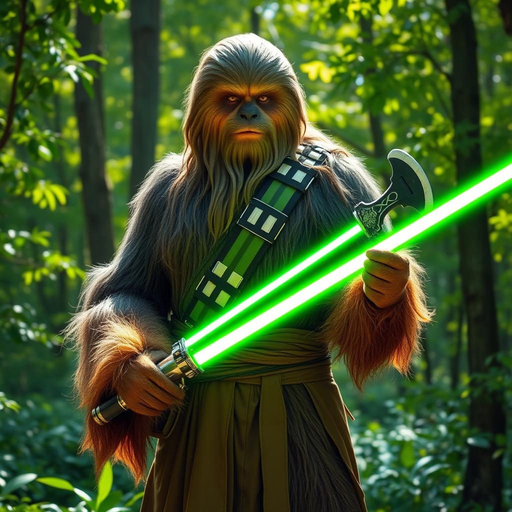 A male Wookiee Jedi standing confidently in a lush forest, wielding a unique green axe lightsaber with an intricate hilt