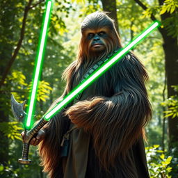 A male Wookiee Jedi standing confidently in a lush forest, wielding a unique green axe lightsaber with an intricate hilt