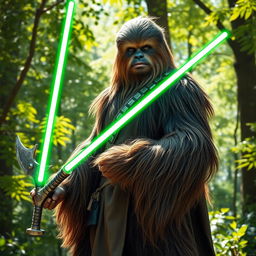 A male Wookiee Jedi standing confidently in a lush forest, wielding a unique green axe lightsaber with an intricate hilt