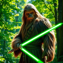 A male Wookiee Jedi standing confidently in a lush forest, wielding a unique green axe lightsaber with an intricate hilt