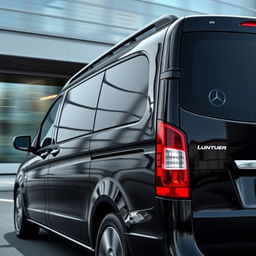 A sleek black Mercedes Vito tourer captured in a complete shot from a diagonal angle, showcasing its elegant design