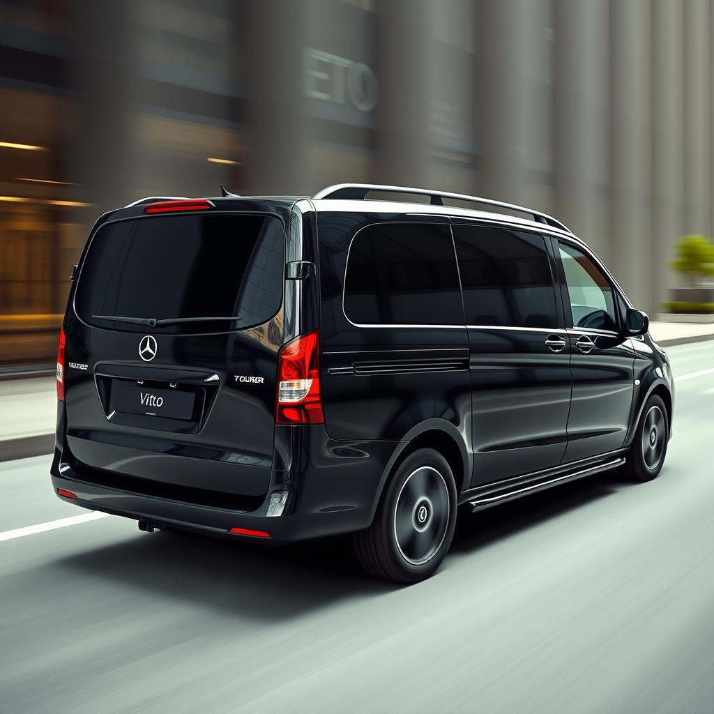 A sleek black Mercedes Vito tourer captured in a complete shot from a diagonal angle, showcasing its elegant design