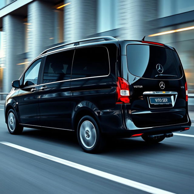 A sleek black Mercedes Vito tourer captured in a complete shot from a diagonal angle, showcasing its elegant design