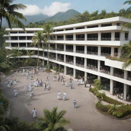 A realistic image of a bustling hospital in the Philippines, capturing the architectural style, the tropical surroundings, and the lively atmosphere with patients, doctors, and nurses.