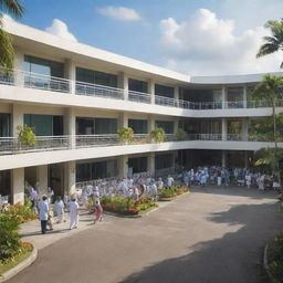 A realistic image of a bustling hospital in the Philippines, capturing the architectural style, the tropical surroundings, and the lively atmosphere with patients, doctors, and nurses.