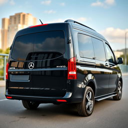 A complete shot of a black Mercedes Vito captured diagonally, highlighting its robust and modern design