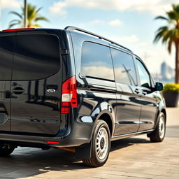 A complete shot of a black Mercedes Vito captured diagonally, highlighting its robust and modern design