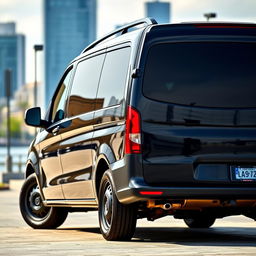 A complete shot of a black Mercedes Vito captured diagonally, highlighting its robust and modern design