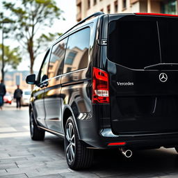 A complete shot of a black Mercedes Vito captured diagonally, highlighting its robust and modern design