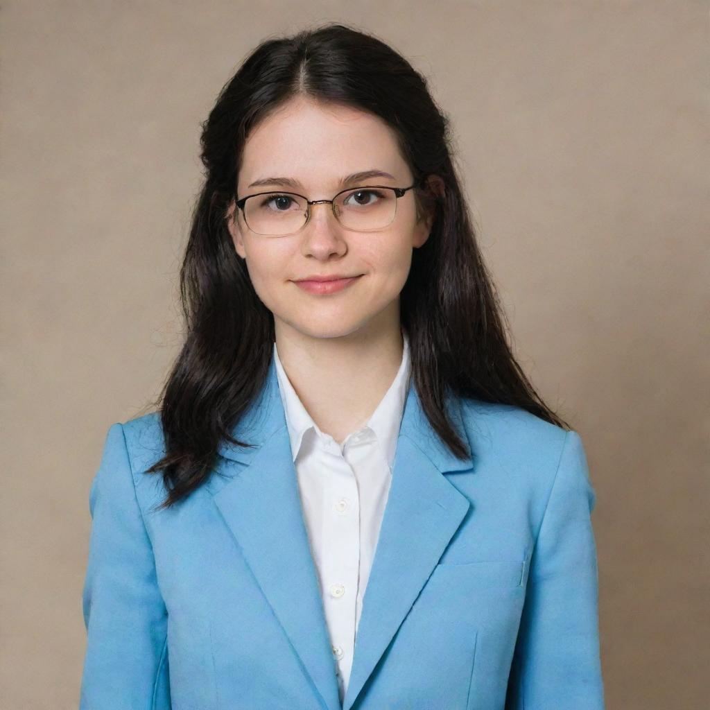 A plainly dressed, shy, and awkward young woman. She has long, wavy black hair tied back, reaching mid-length, featuring front bangs. Her pale skin and light brown eyes are accented by her slender, average height figure and thin-framed glasses. She's wearing a light blue university blazer uniform.