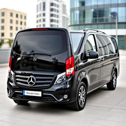 A complete shot of a black Mercedes Vito, showcasing its versatile and modern design