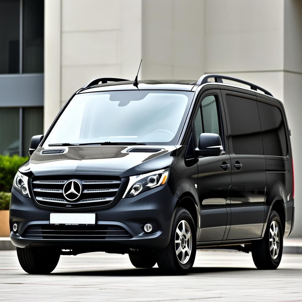 A complete shot of a black Mercedes Vito, showcasing its versatile and modern design