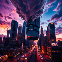 A captivating motion poster featuring a bustling cityscape with skyscrapers, streets, and vehicles all dramatically turning upside down