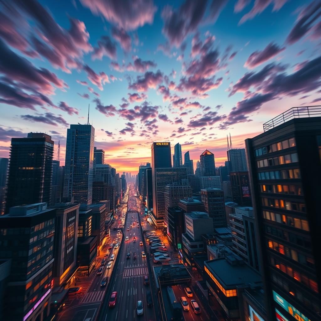 A captivating motion poster featuring a bustling cityscape with skyscrapers, streets, and vehicles all dramatically turning upside down