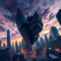 A captivating motion poster featuring a bustling cityscape with skyscrapers, streets, and vehicles all dramatically turning upside down