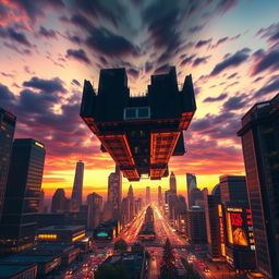 A captivating motion poster featuring a bustling cityscape with skyscrapers, streets, and vehicles all dramatically turning upside down