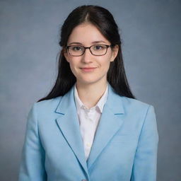 A plainly dressed, shy, and awkward young woman. She has long, wavy black hair tied back, reaching mid-length, featuring front bangs. Her pale skin and light brown eyes are accented by her slender, average height figure and thin-framed glasses. She's wearing a light blue university blazer uniform.